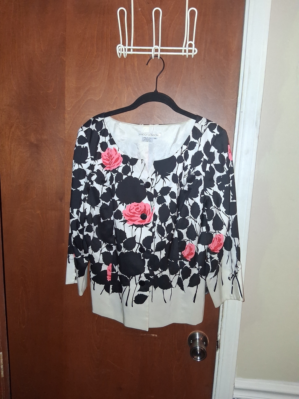 Maggy London Cream Jacket with Black Floral Silhouette and Pink Rose Accents
